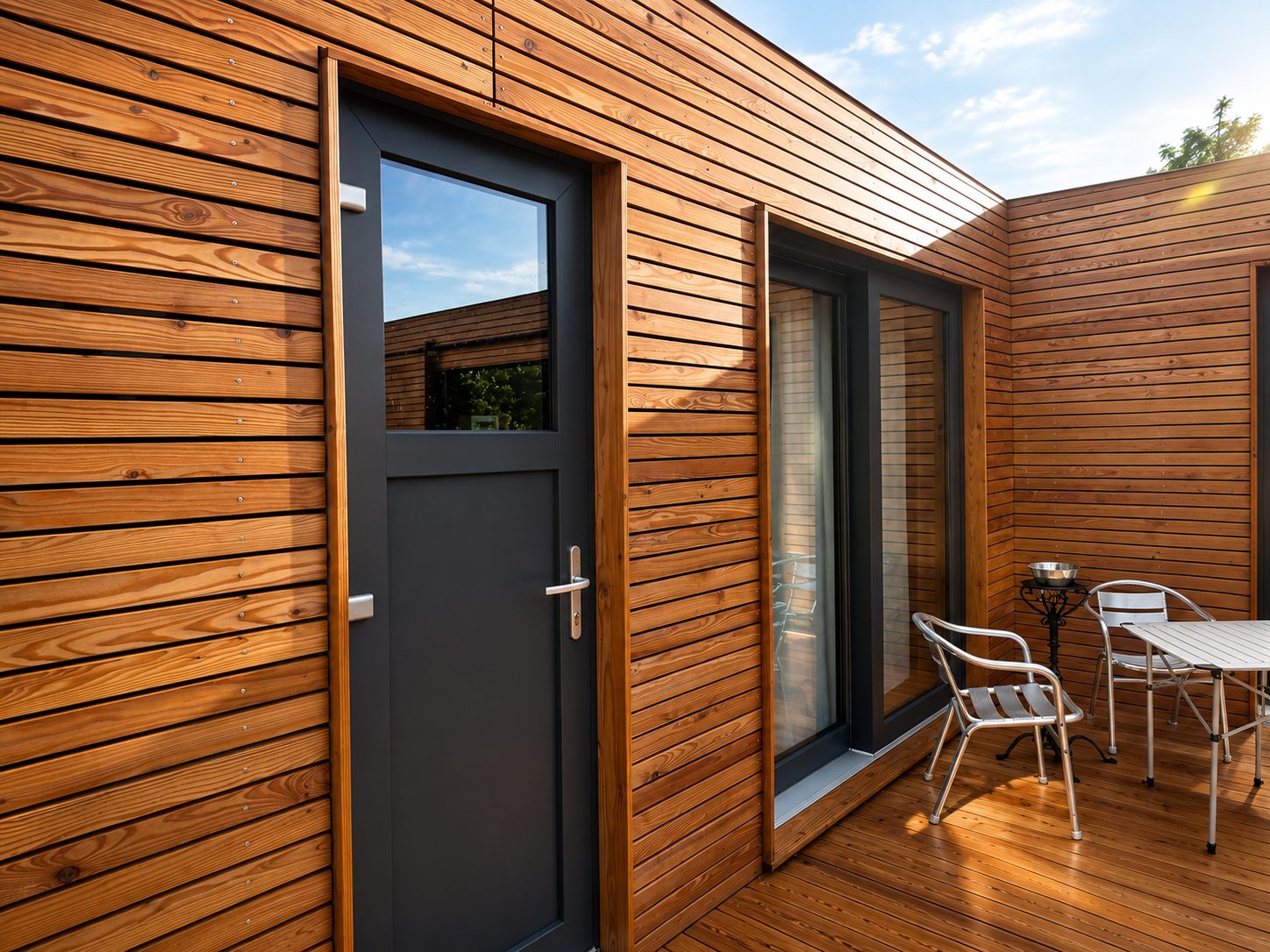 Tiny House 45 m² von Contain-us – Eingangstür in der Holzfassade, davor ein kleiner Tisch mit zwei Stühlen
