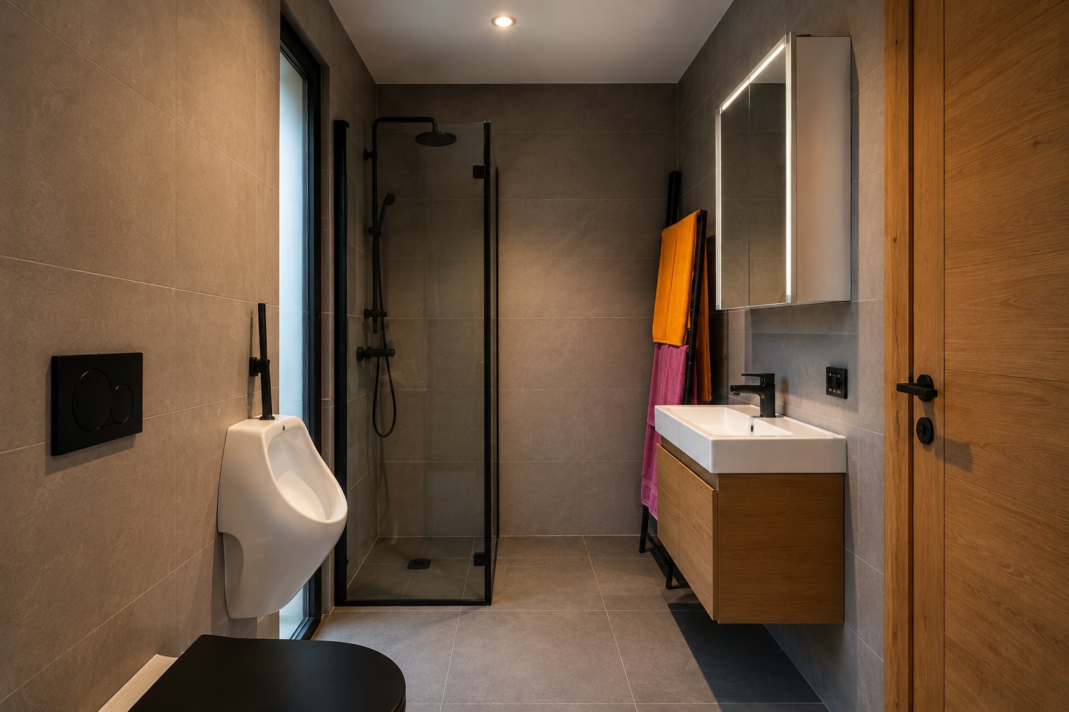 Badezimmer mit Pissoir, bodentiefer Regendusche hinter Echtglastür, Waschbecken und Spiegelschrank