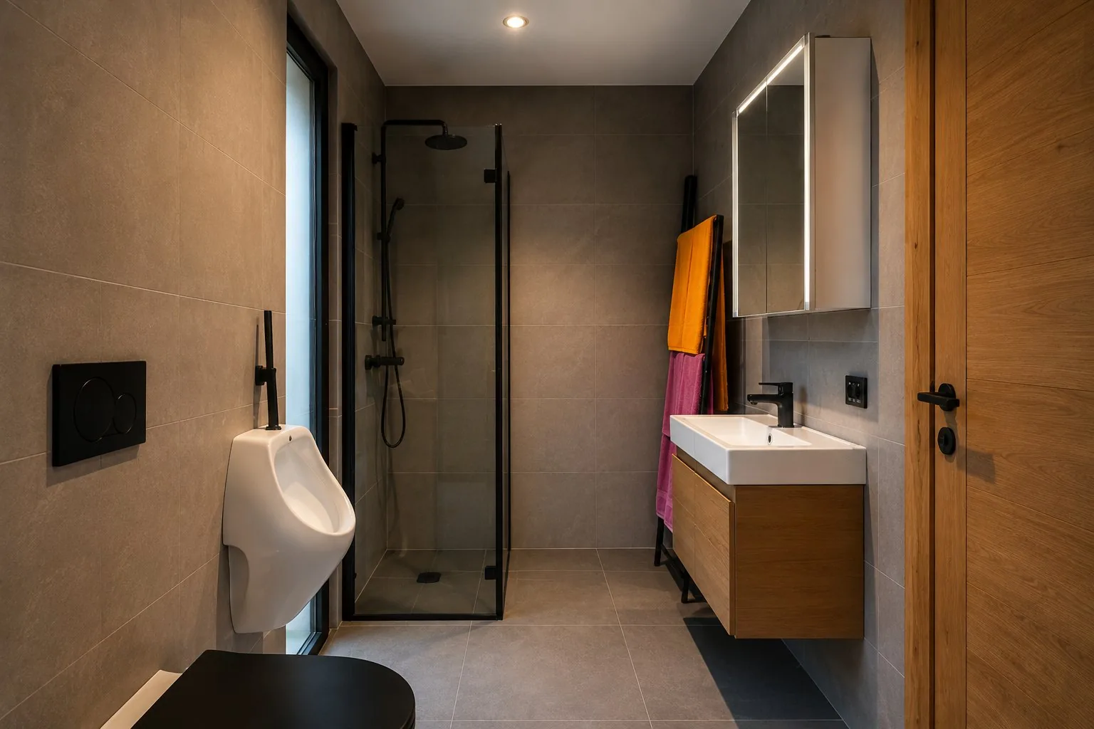 Badezimmer mit Pissoir, bodentiefer Regendusche hinter Echtglastür, Waschbecken und Spiegelschrank