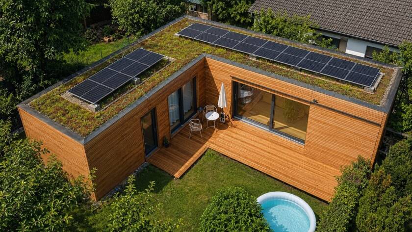 Luftaufnahme eines winkelförmigen Contain-us Moduls mit Lärchenholzfassade, begrüntem Dach mit Photovoltaikmodulen, Holzterrasse und Aufstellpool im Garten