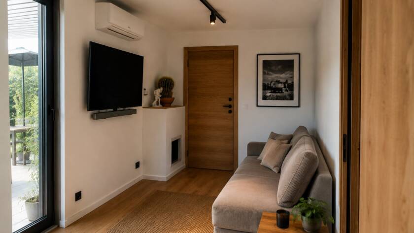 Wohnbereich des Tiny House mit Sofa, Fernseher und Split-Klimaanlage