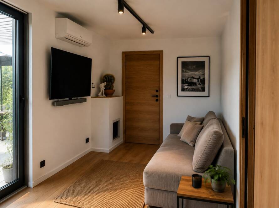 Wohnbereich des Tiny House mit Sofa, Fernseher und Split-Klimaanlage