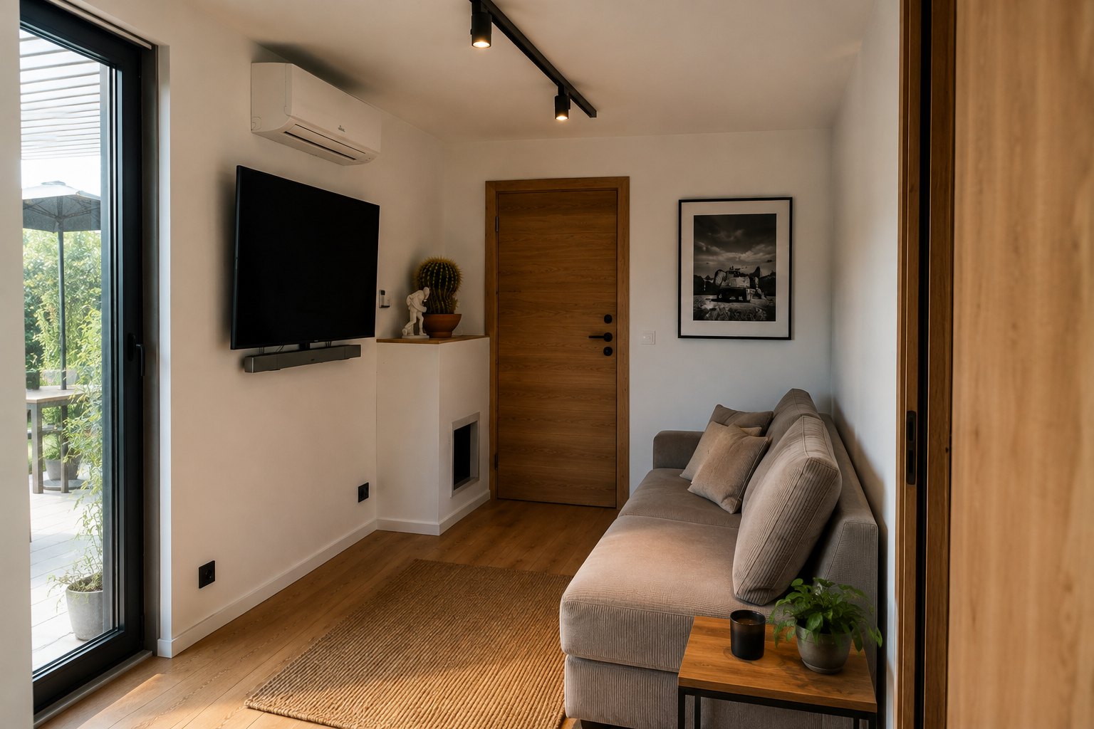 Wohnbereich des Tiny House mit Sofa, Fernseher und Split-Klimaanlage