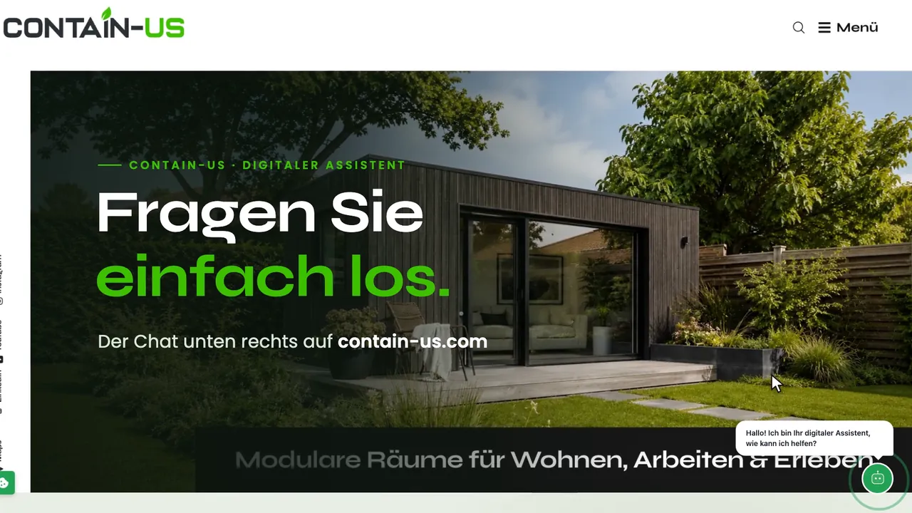 Startseite von contain-us.com mit dem Chat-Assistenten unten rechts: „Fragen Sie einfach los.“