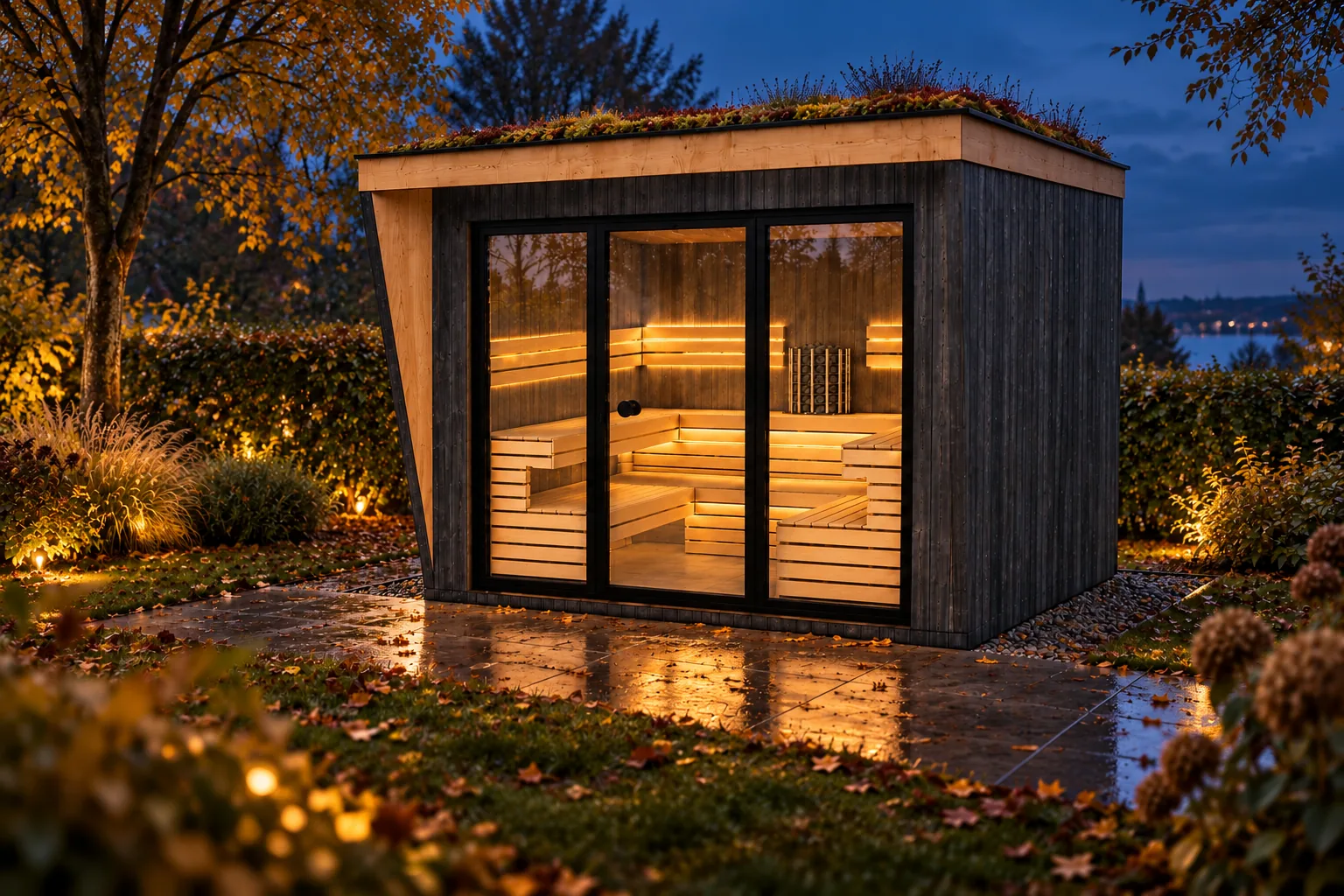 Sauna-Oase Ammersee, Visualisierung: Gartensauna zur blauen Stunde, die Saunabänke leuchten warm hinter der dreiteiligen Glasfront, nasse Terrasse und Gartenleuchten