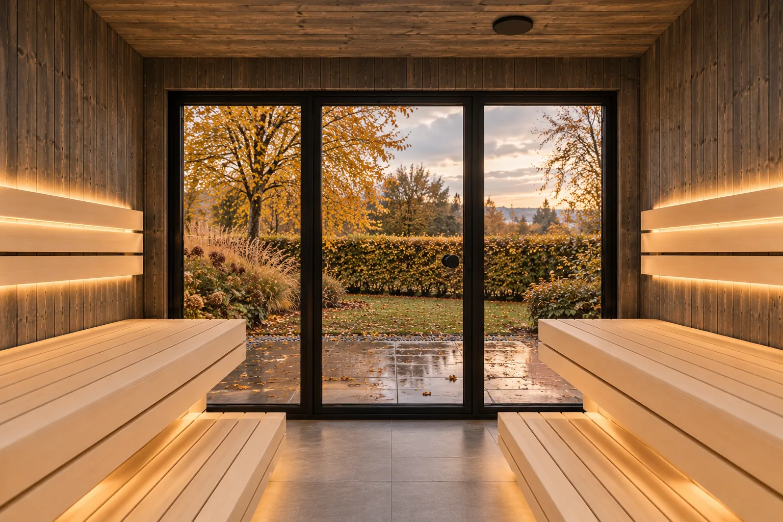 Sauna-Oase Ammersee, Visualisierung: Blick von den hellen Saunabänken durch die raumhohe Glasfront in einen herbstlichen Garten