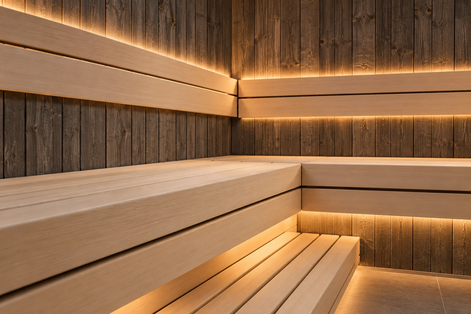 Sauna-Oase Ammersee, Visualisierung: Detail der Abachi-Saunabank mit Lichtleiste vor grau strukturierter Holzwand