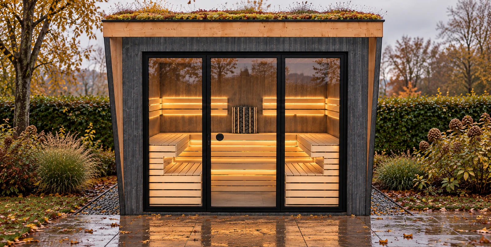 Sauna-Oase Ammersee von Contain-us, Visualisierung: Frontansicht mit dreiteiliger Glasfront, beleuchteten Saunabänken und begrüntem Dach im herbstlichen Garten