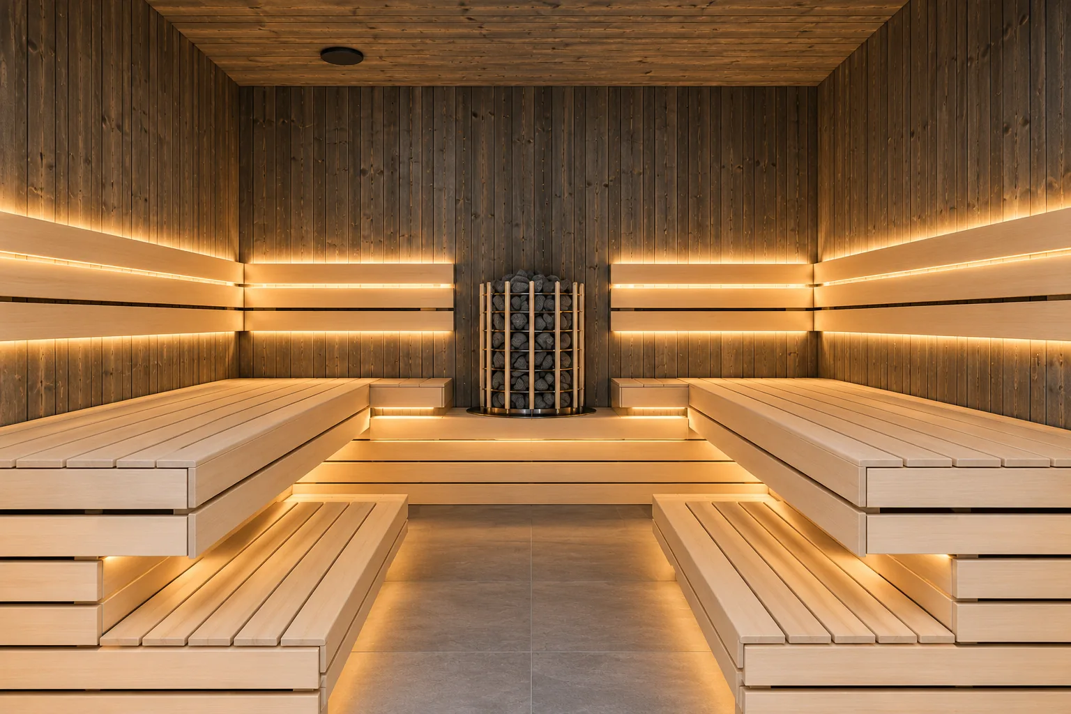 Sauna-Oase Ammersee, Visualisierung des Innenraums: helle Abachi-Bänke auf zwei Ebenen, graue Holzvertäfelung, Saunaofen und indirektes Licht