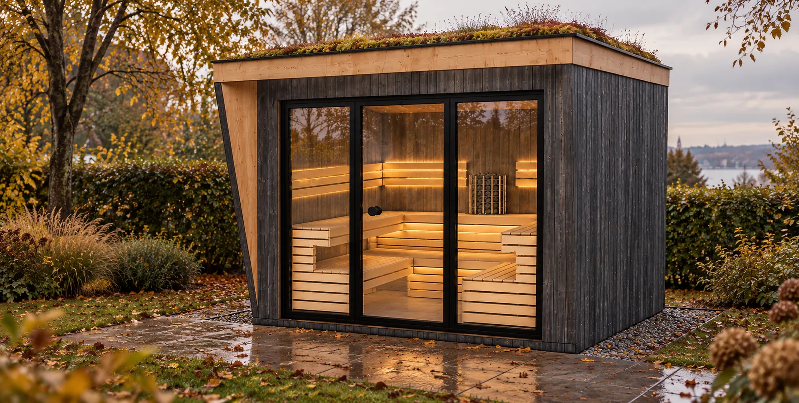 Sauna-Oase Ammersee, Visualisierung: Gartensauna mit grauer Holzfassade, Lärchen-Laibung und Dachbegrünung schräg von vorne auf nasser Terrasse