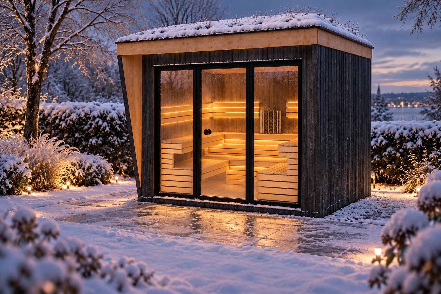 Sauna-Oase Ammersee, Visualisierung: Winterabend mit Schnee auf Gründach, Terrasse und Hecken, warmes Licht fällt durch die Glasfront