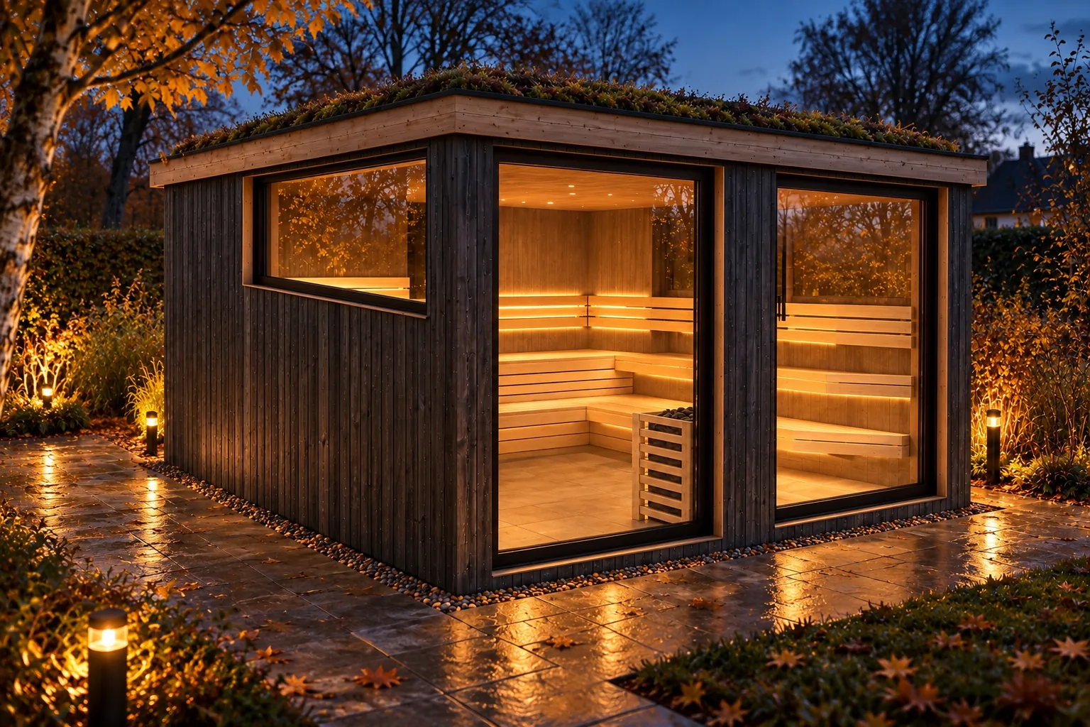 Sauna-Oase Starnberger See, Visualisierung: großes Saunahaus am Abend, raumhohe Glasflächen und beleuchtete Saunabänke, Gartenleuchten am Weg