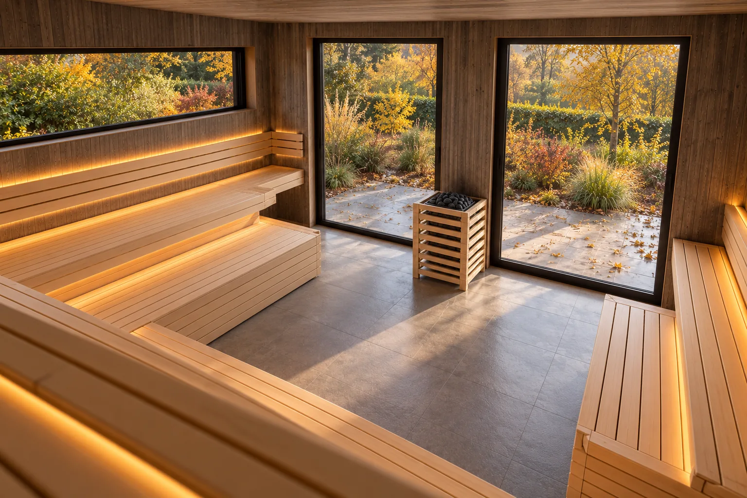 Sauna-Oase Starnberger See, Visualisierung: Blick über die gestuften Saunabänke mit Lichtleisten und den Saunaofen durch raumhohe Fenster in einen herbstlichen Garten