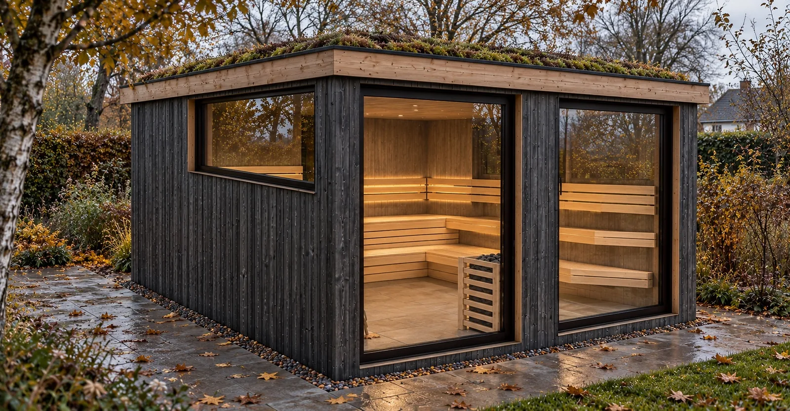 Sauna-Oase Starnberger See von Contain-us, Visualisierung: großes Saunahaus mit dunkler Holzfassade, heller Dachkante, begrüntem Dach und raumhohen Glasflächen im herbstlichen Garten