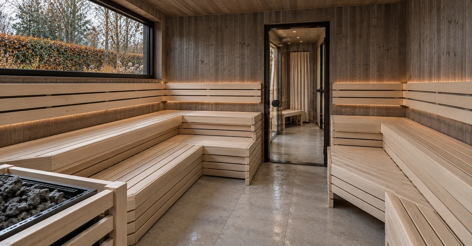 Sauna-Oase Starnberger See, Visualisierung: umlaufende Saunabänke mit Lichtleisten, langes Panoramafenster und Glastür zum Vorraum