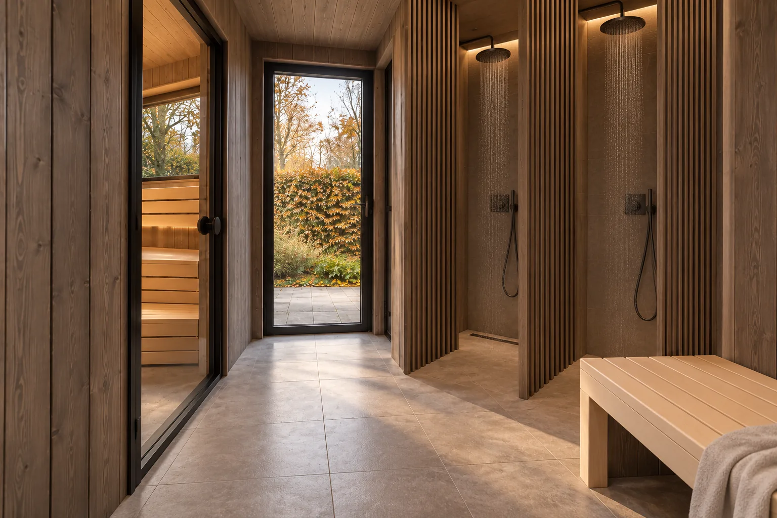 Sauna-Oase Starnberger See, Visualisierung: zwei Duschen hinter Holzlamellen, Holzbank und Glastür ins Freie