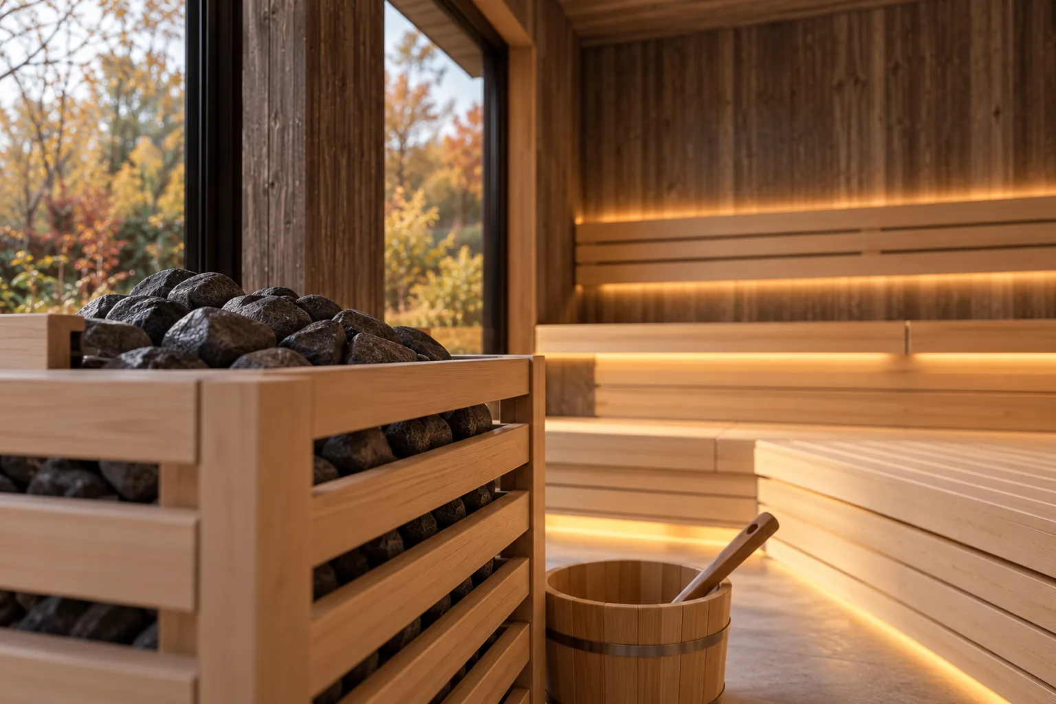 Sauna-Oase Starnberger See, Visualisierung: Saunaofen mit Steinen und Holzschutzgitter, daneben ein Holzkübel mit Kelle, dahinter beleuchtete Bänke