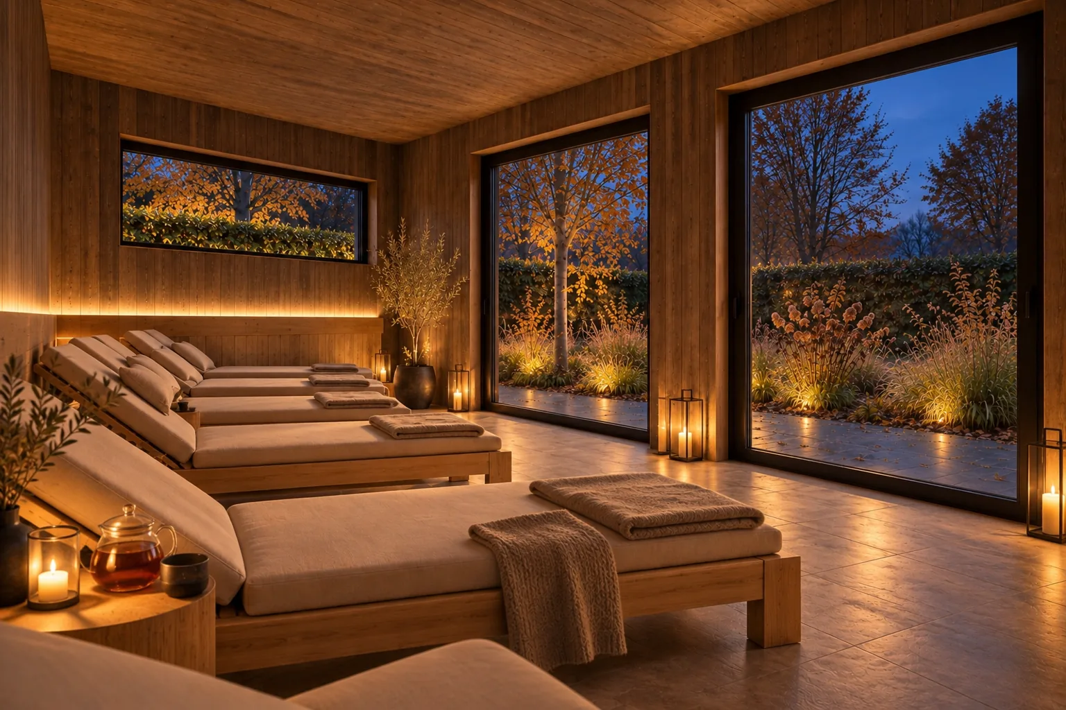 Sauna-Oase Starnberger See, Visualisierung: Ruheraum am Abend mit Holzliegen, Kerzen in Windlichtern und Tee, draußen blaue Stunde