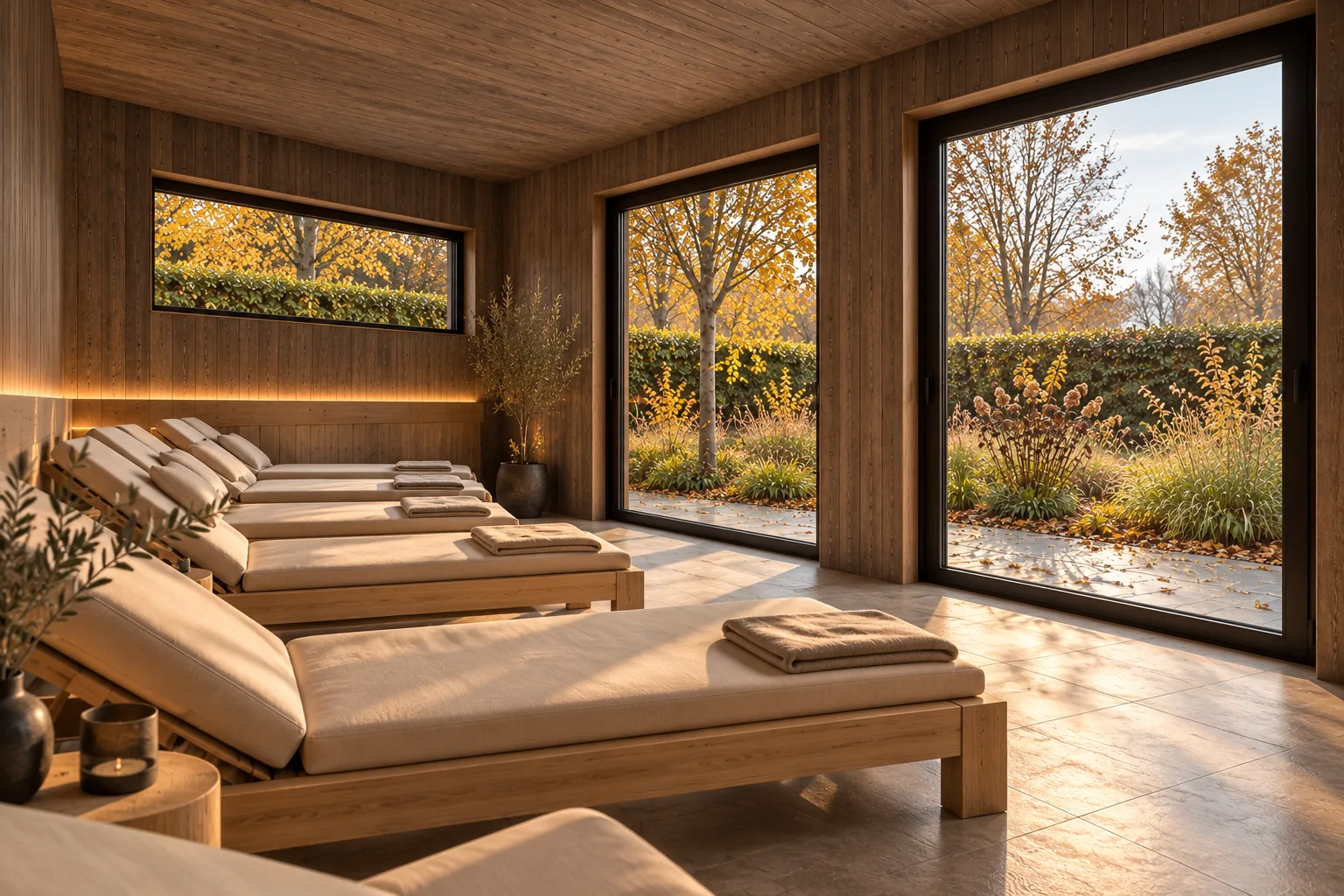 Sauna-Oase Starnberger See, Visualisierung des Ruheraums: fünf Holzliegen mit hellen Auflagen vor raumhohen Fenstern zum Garten