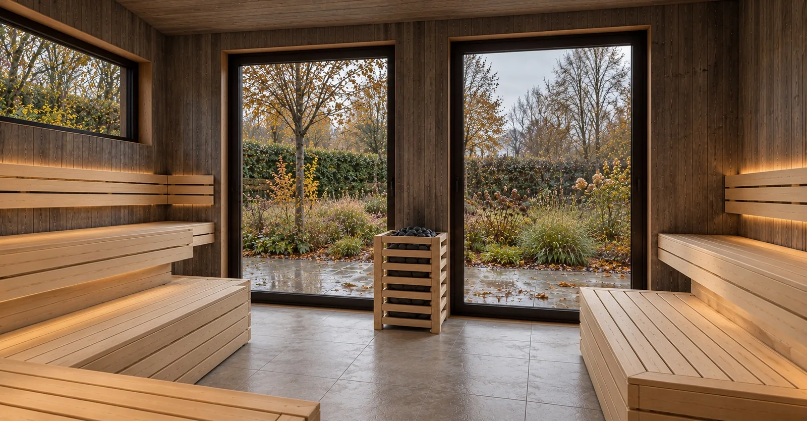 Sauna-Oase Starnberger See, Visualisierung des Saunaraums: helle Holzbänke auf mehreren Ebenen, Saunaofen und zwei raumhohe Fenster zum Garten