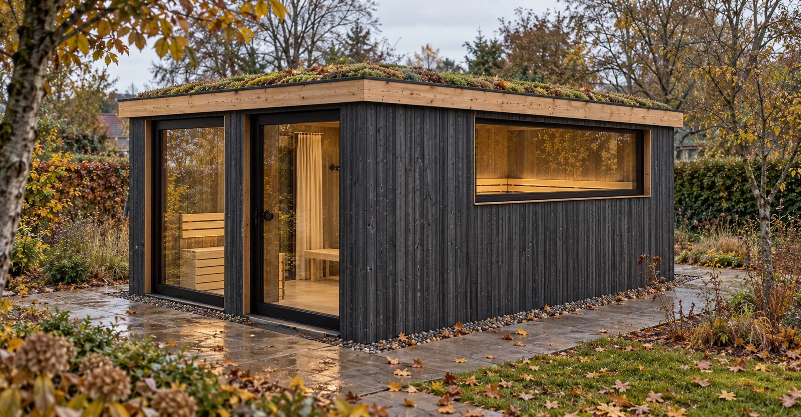 Sauna-Oase Starnberger See, Visualisierung: Seitenansicht mit Glastür zum Vorraum, Umkleide mit Vorhang und Panoramafenster unter dem Gründach
