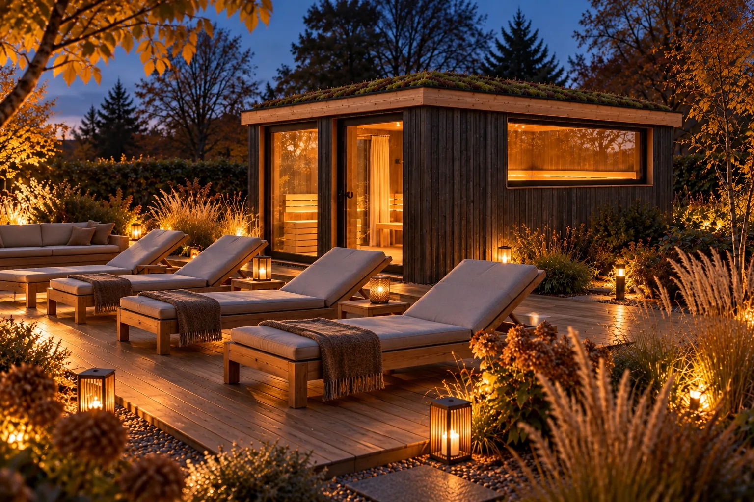 Sauna-Oase Starnberger See, Visualisierung: Holzterrasse mit Liegen, Decken und Laternen zur blauen Stunde vor dem beleuchteten Saunahaus