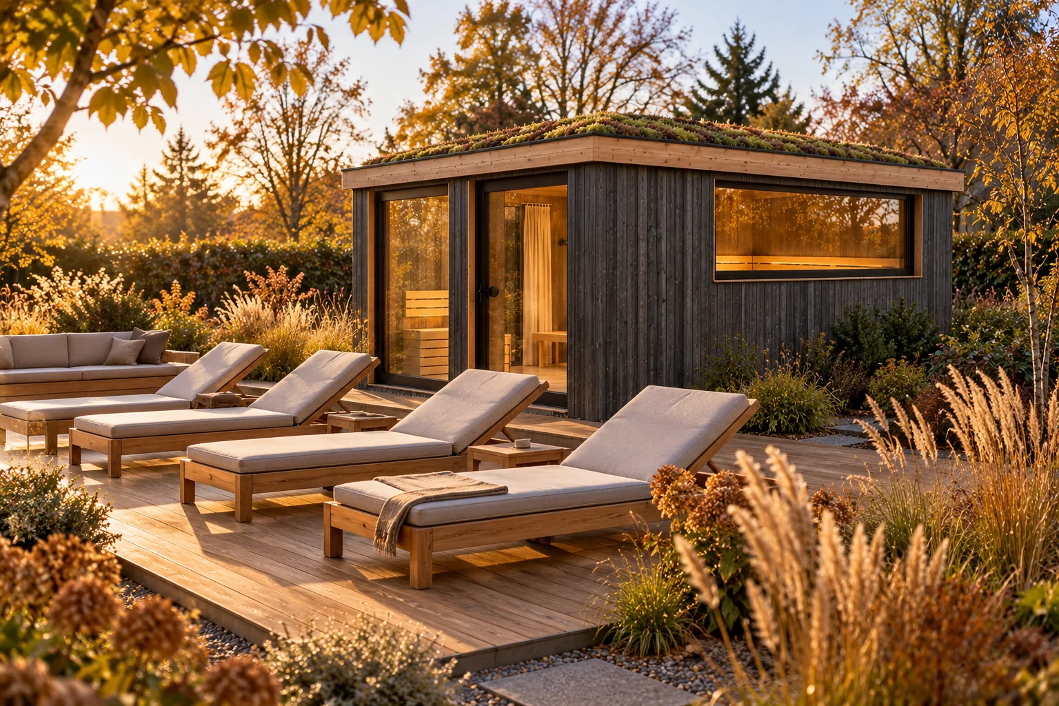 Sauna-Oase Starnberger See, Visualisierung des Außenbereichs: Holzterrasse mit vier Liegen und Lounge-Sofa vor dem Saunahaus mit Gründach