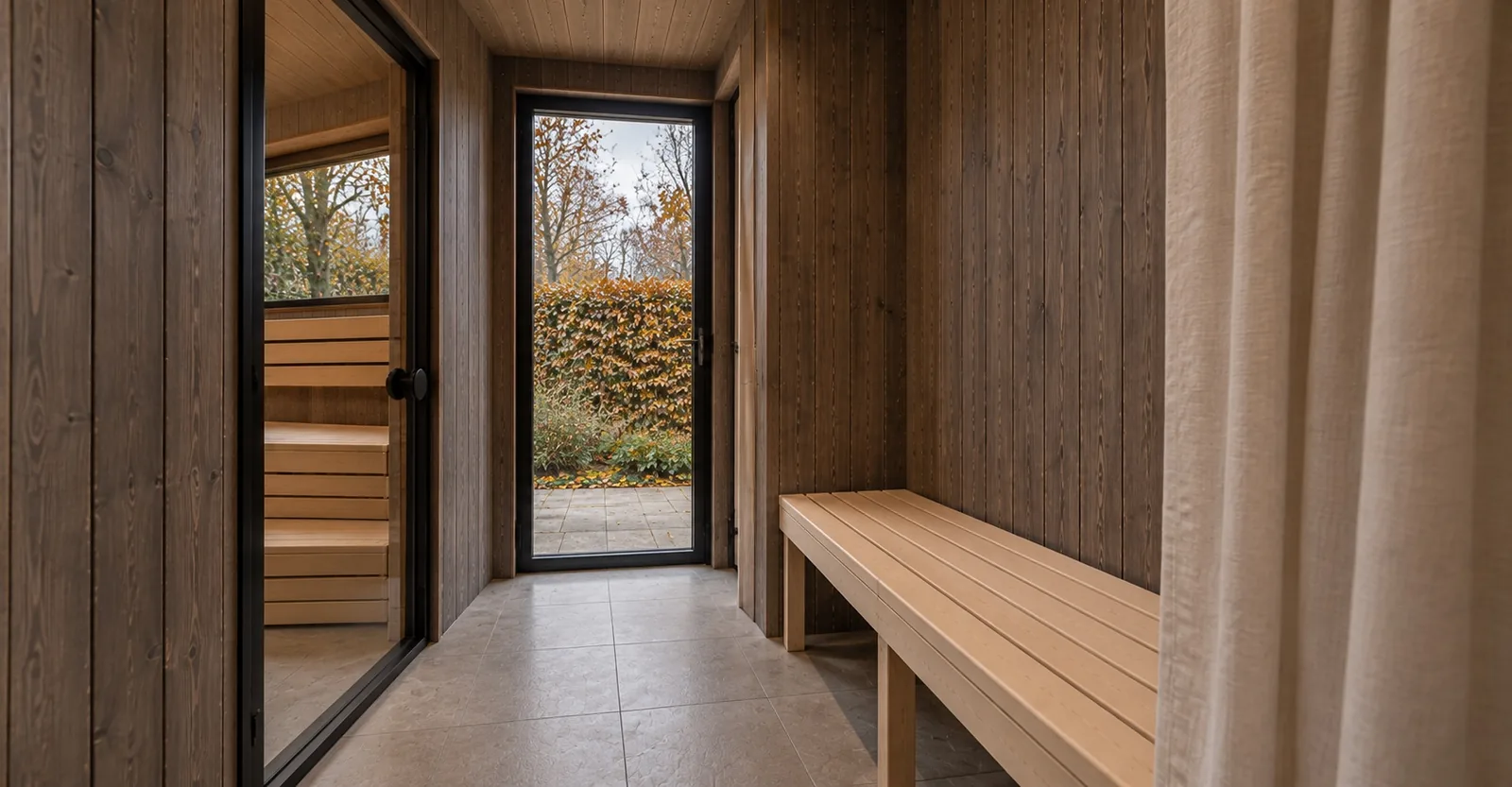 Sauna-Oase Starnberger See, Visualisierung: Umkleide mit Holzbank und Vorhang, Glastür ins Freie, links der Blick in die Sauna