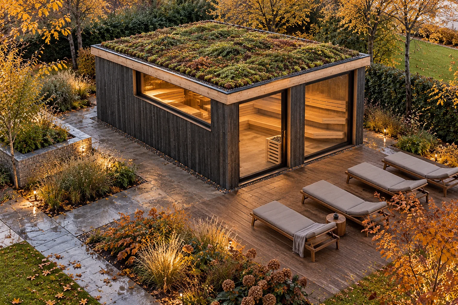 Sauna-Oase Starnberger See, Visualisierung von schräg oben: vollständig begrüntes Flachdach, Holzterrasse mit Liegen und Natursteinwege im herbstlichen Garten