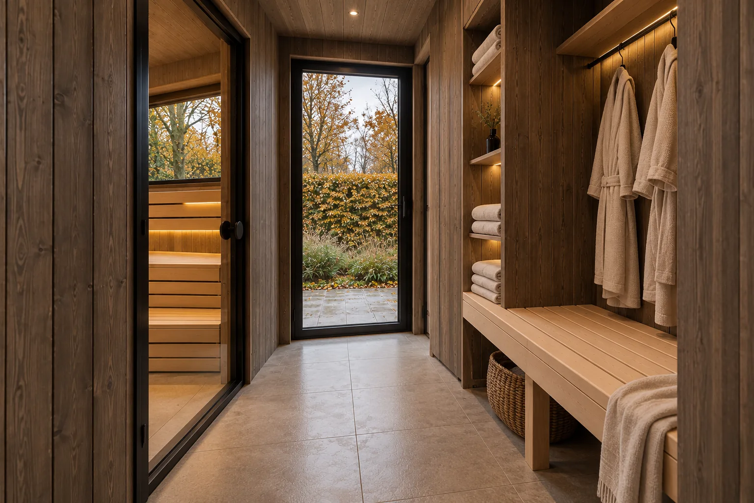 Sauna-Oase Starnberger See, Visualisierung des Vorraums: Holzgarderobe mit Bademänteln, Regal mit Handtüchern, Sitzbank und Glastür zur Sauna
