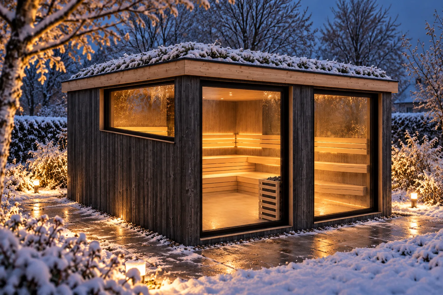 Sauna-Oase Starnberger See, Visualisierung: Saunahaus am Winterabend, Schnee auf Gründach und Garten, die Saunabänke leuchten warm durch die Glasflächen