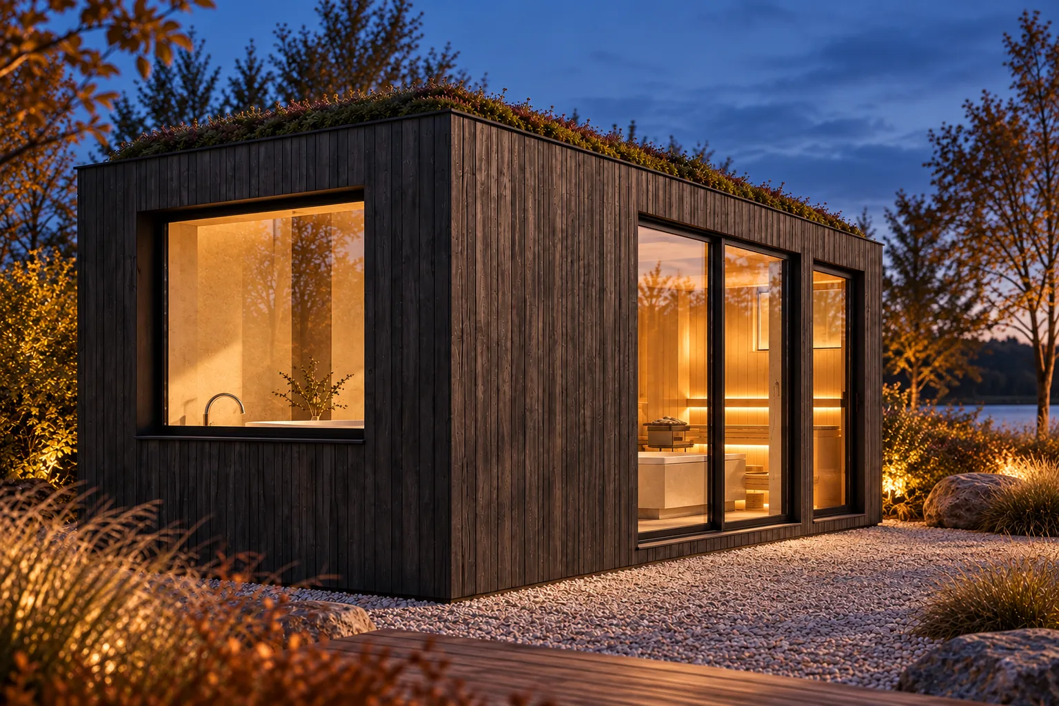 Sauna-Oase Wörthsee, Visualisierung: langes Saunahaus mit dunkler Holzfassade am Abend, warm beleuchtete Fenster mit Blick auf Badewanne und Saunabereich
