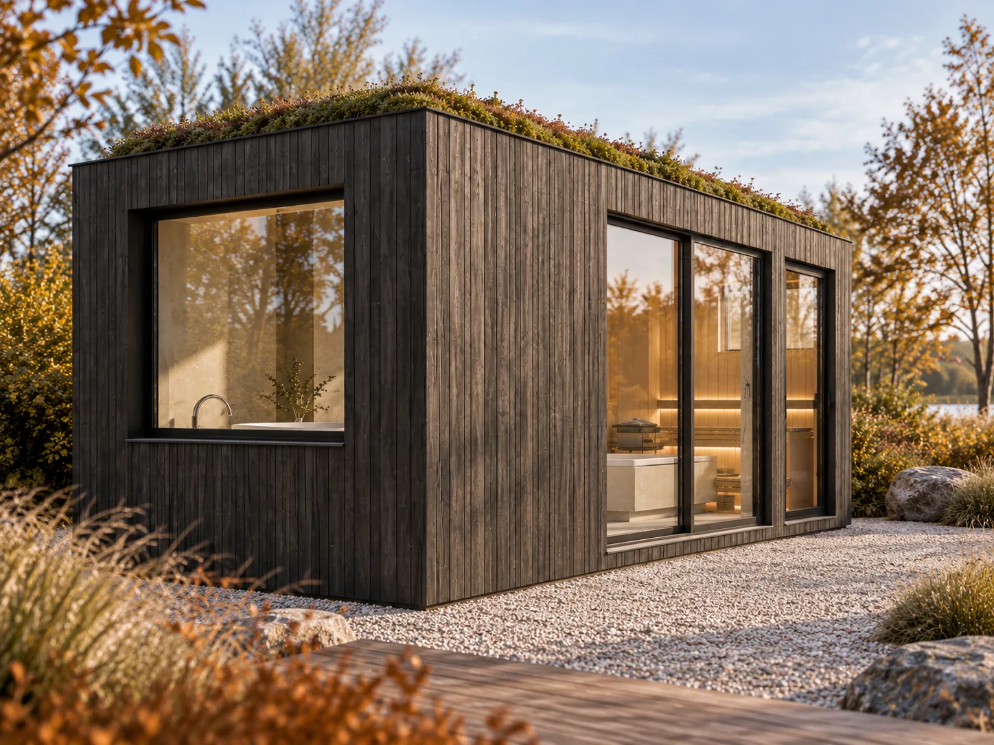 Sauna-Oase Wörthsee von Contain-us, Visualisierung: langes Saunahaus mit dunkler Holzfassade, begrüntem Flachdach, großem Fenster und Glastüren auf einer Kiesfläche