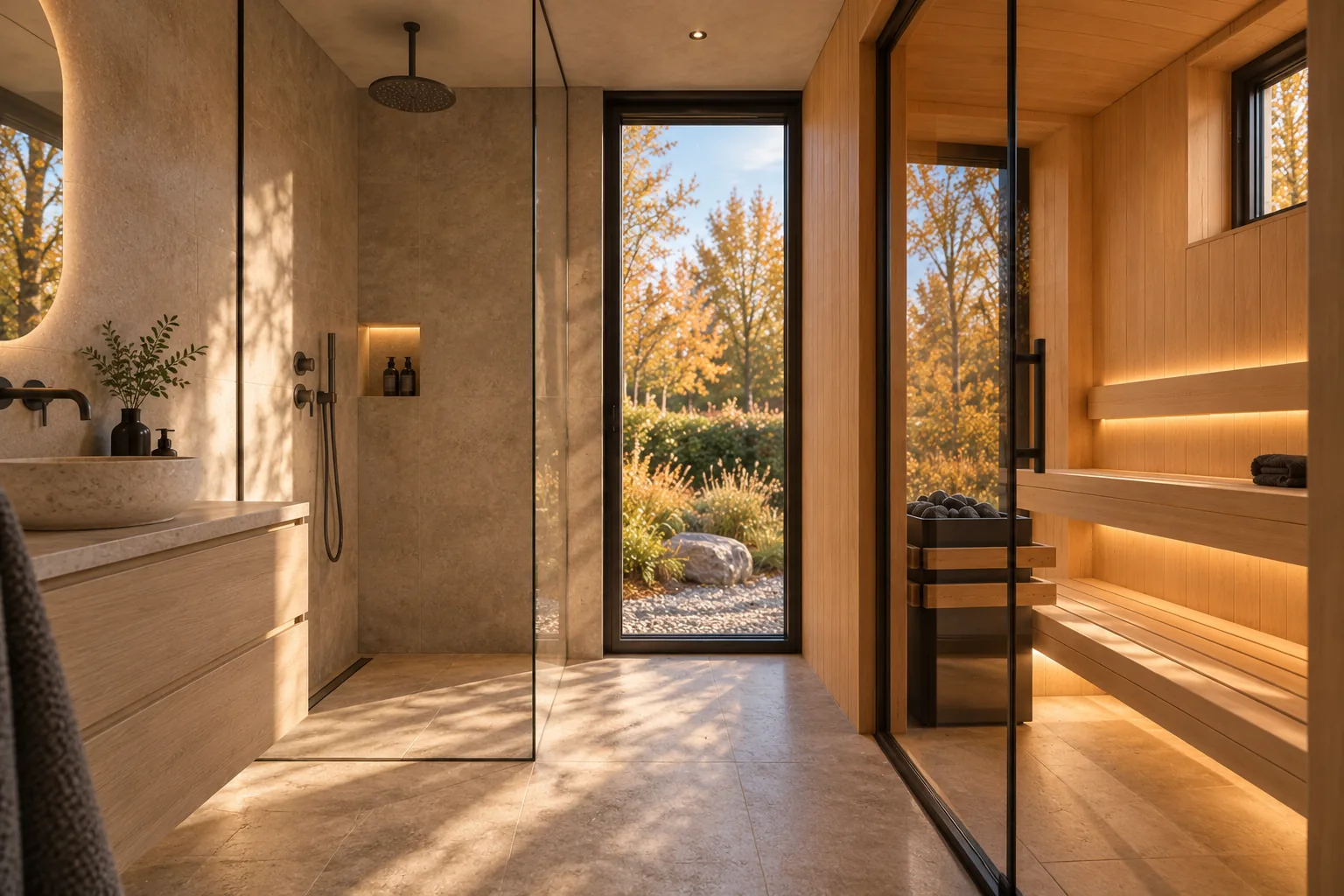 Sauna-Oase Wörthsee, Visualisierung: bodengleiche Regendusche mit Glaswand und Natursteinwänden, rechts die gläserne Saunakabine, hinten ein schmales Fenster zum Garten