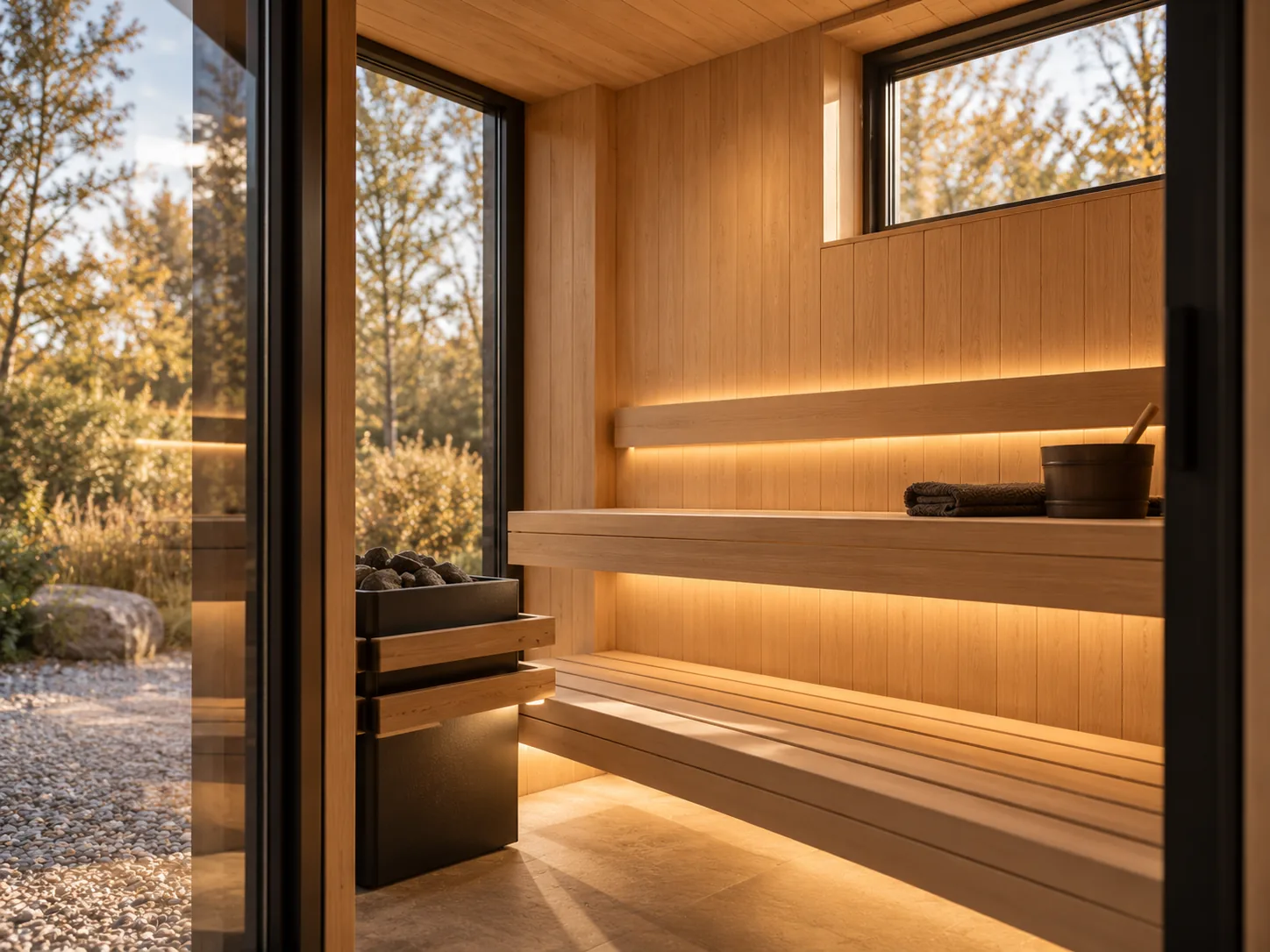 Sauna-Oase Wörthsee, Visualisierung: Blick durch die Glastür in die Saunakabine mit hellen Holzbänken, Lichtleisten, Saunaofen und Fenster