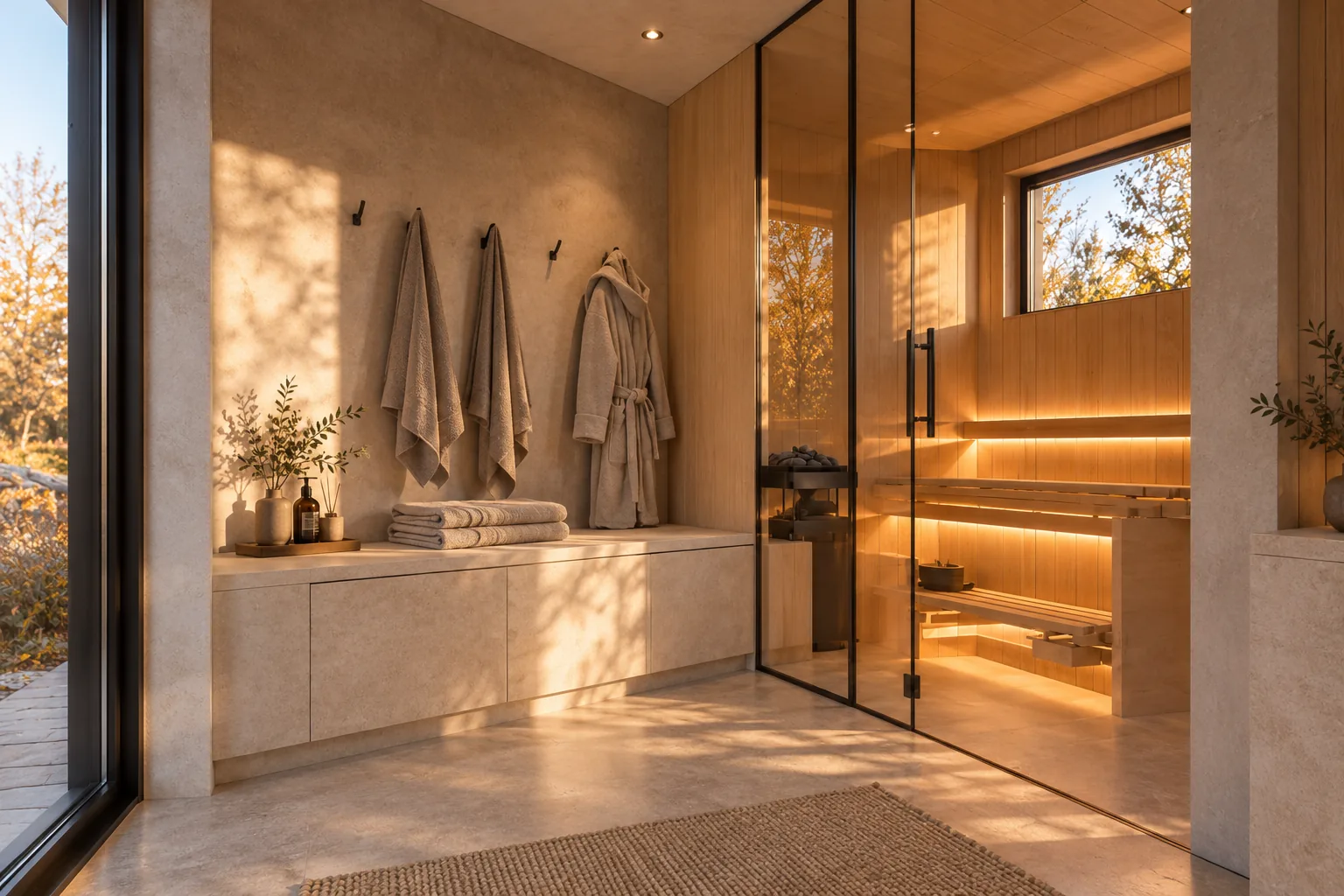 Sauna-Oase Wörthsee, Visualisierung des Vorraums: Podest aus hellem Stein mit eingebautem Schrank, Handtücher und Bademantel an Haken, daneben die Glastür zur Sauna