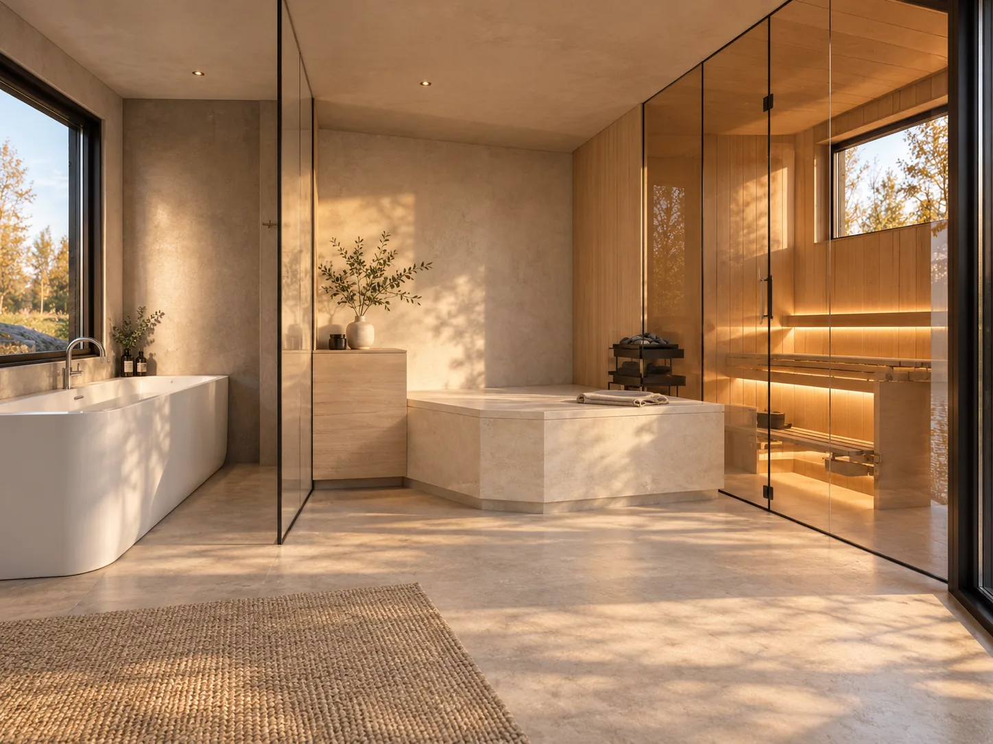 Sauna-Oase Wörthsee, Visualisierung des Wellnessbereichs: freistehende Badewanne am Fenster, steinernes Podest zum Liegen und Ablegen, dahinter die gläserne Saunakabine