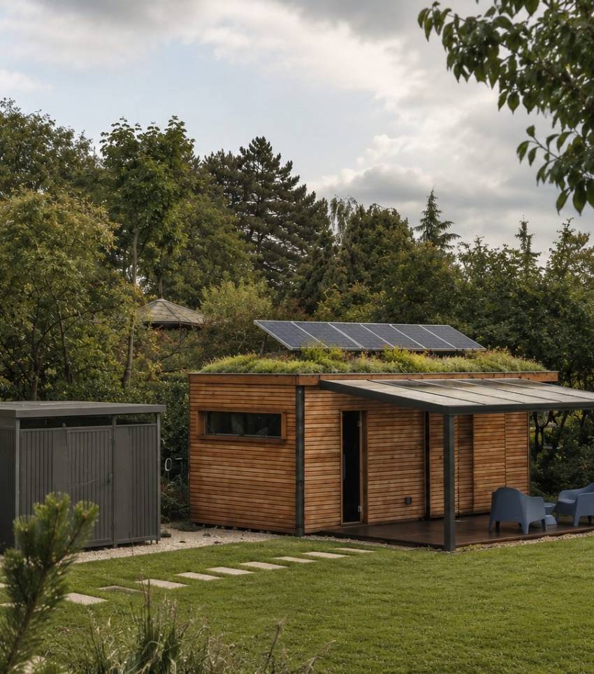 Freistehendes Raummodul mit Holzfassade, begrüntem Dach mit Photovoltaik und überdachter Terrasse im Garten