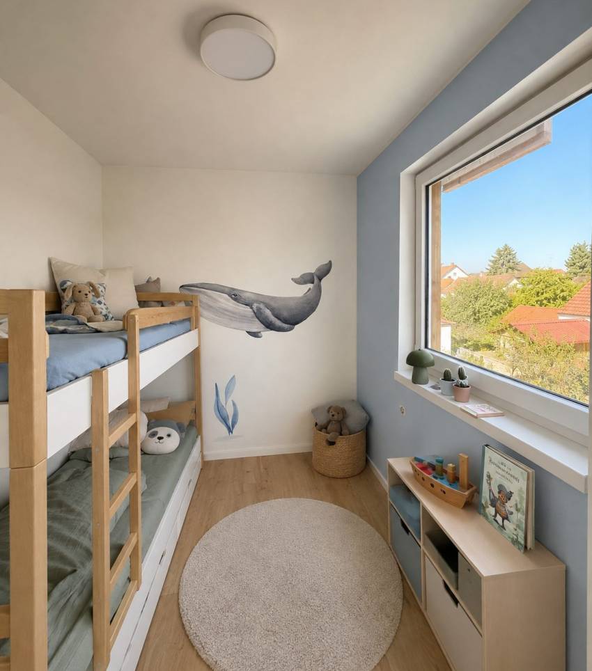 Hausanbau 60 m² von Contain-us – Kinderzimmer mit Hochbett, Wandbild und Fenster mit Blick ins Grüne