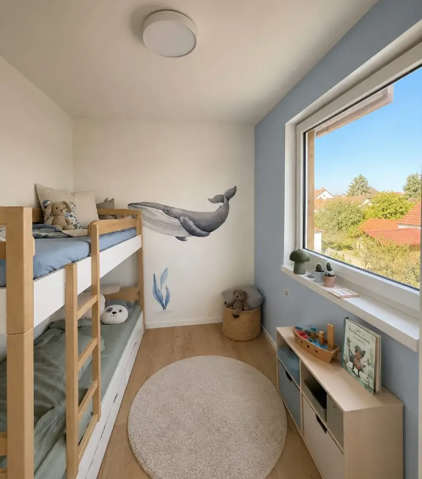 Hausanbau 60 m² von Contain-us – Kinderzimmer mit Hochbett, Wandbild und Fenster mit Blick ins Grüne