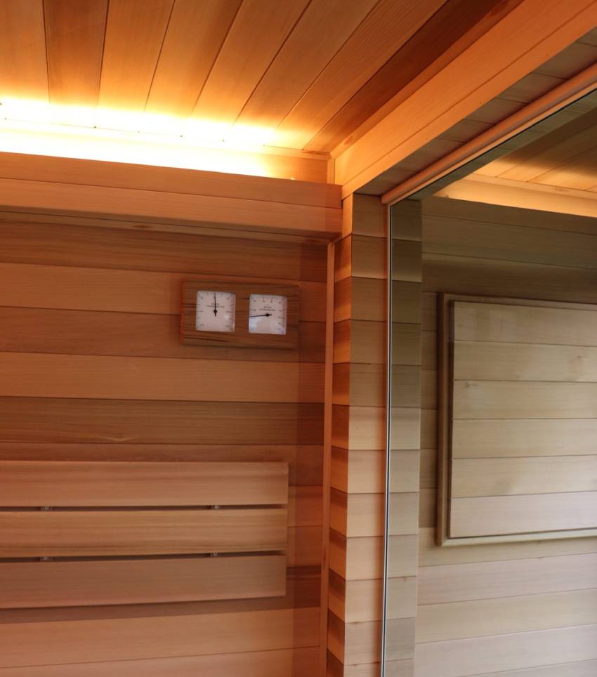 Sauna 7 m² von Contain-us – Blick von der Bank zur Glastür, Lichtband entlang der Deckenkante